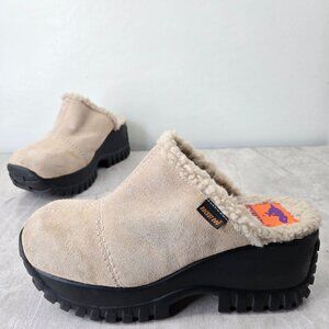 Rocket Dog Platform Clog Shoes Sz 10 Tan Suede Sherpa Y2K Chunky Slip On Mule